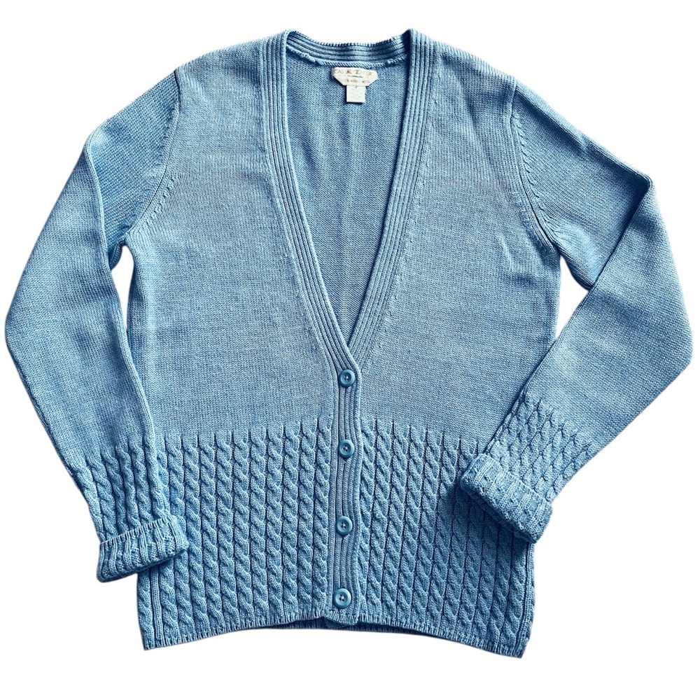 Women's Merino Wool Cardigan Sweater Cool Blue Cable Knit Cabincore Size M